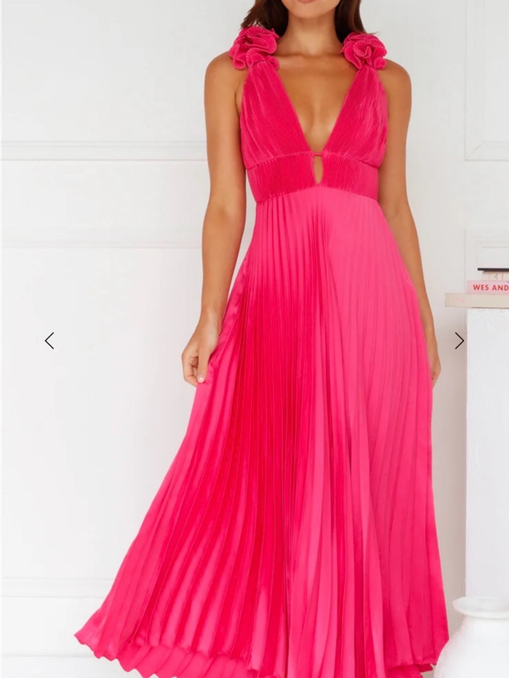 Hello Molly Bright Pink Pleated Deep V Maxi Dress